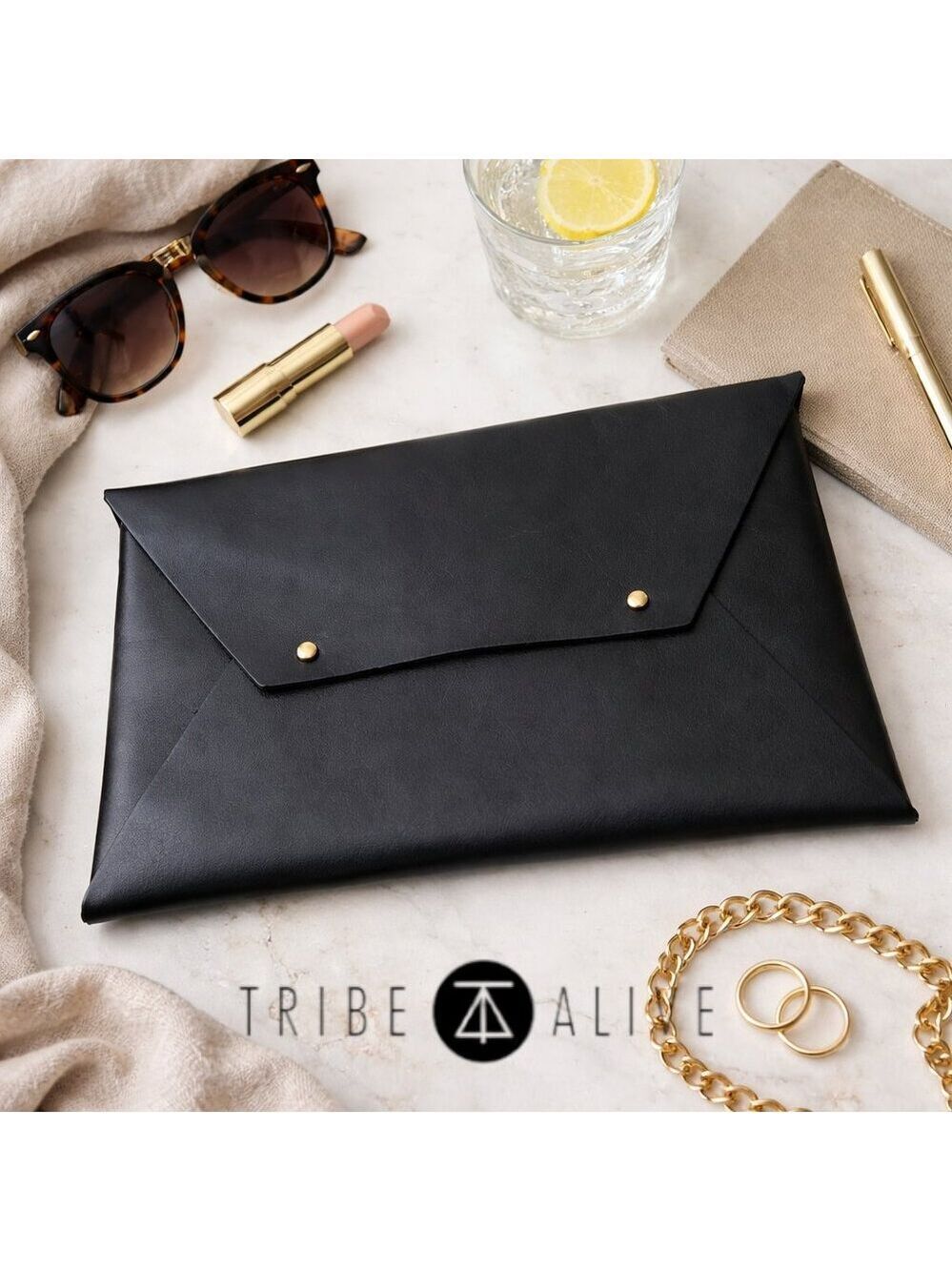 Tribe Alive Black Leather Envelope Clutch | Ethical Fair Trade Minimalist